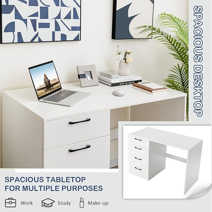 Tangkula White Desk with 4 Storage Drawers Home Office Writing Desk Modern Executive Desk Laptop PC Desk Vanity Makeup Table Computer Workstation for Bedroom Study Room Office