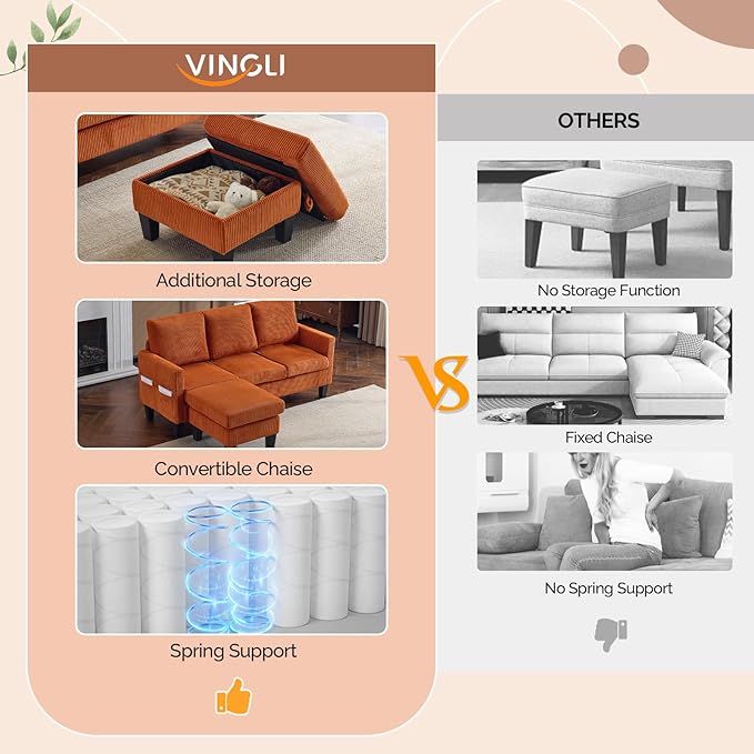 VINGLI 68.5' L Shaped Couch with Movable Storage Ottoman Convertible Sectional Sofa in Soft Corduroy Fabric Modern Reversible Chaise Couch for Small Spaces Apartment Living RoomOrange