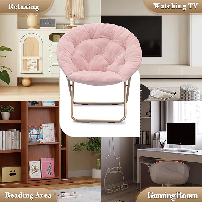 Athena Collection Round Saucer Chair with Ottoman Set for Adults Oversize Comfy Cozy Faux Fur Folding Reading Chair with Metal Leg Lazy Relaxing for Living Room Bedroom Dorm Apartment Pink