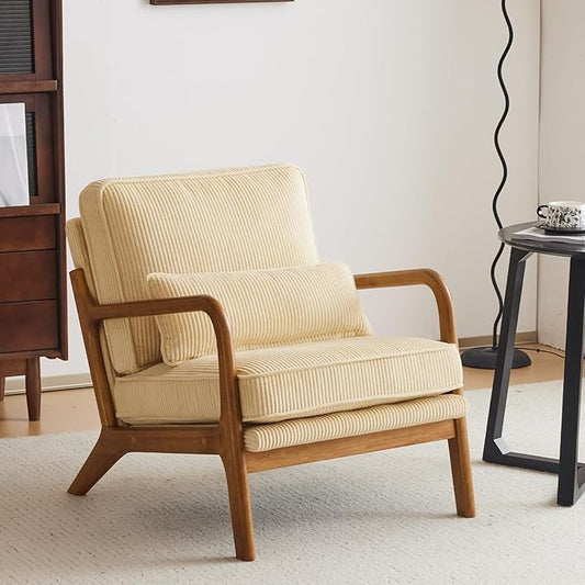 Karl home Mid-Century Modern Accent Chair Living Room Chairs with Pillow Corduroy Upholstered Lounge Armchair with Solid Wood Frame &amp Soft Cushion for Bedroom Reading Room Beige &amp Yellow