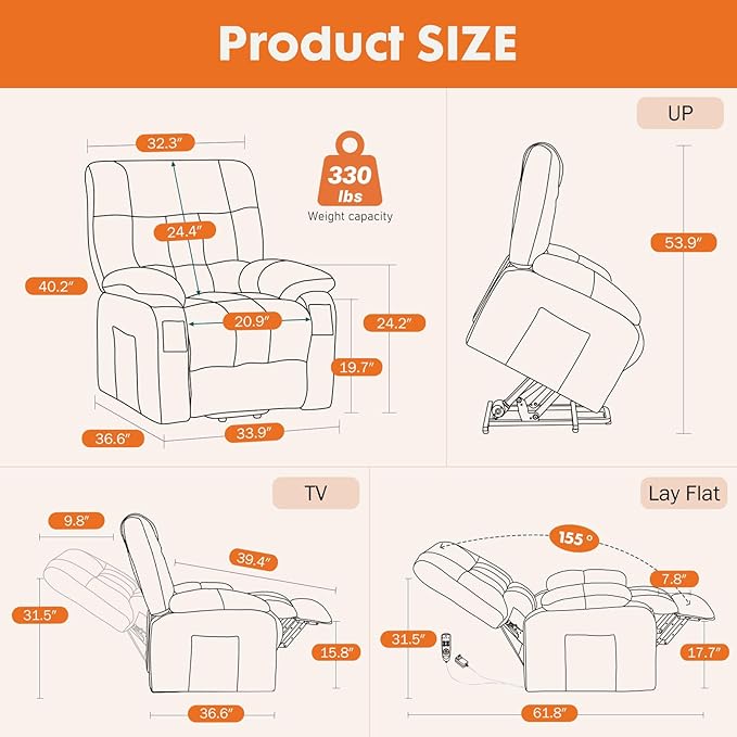 Sweetcrispy Power Lift Recliner Chair with Vibration Massage and Heat for Elderly Ergonomic Overstuffed Breathable Fabric Reclining Chair with 3 Pockets Remote Control Living Room Light Brown