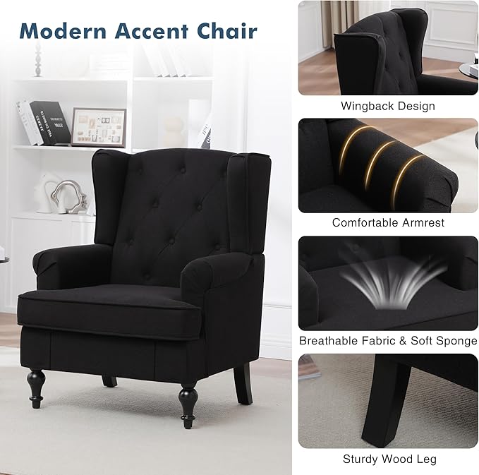 Accent Chair Set of 2 Mid Century Modern Fabric Wingback Chair Upholstered Armchair with High Back and Vintage Legs Comfy Single Sofa Side Reading Chair for Living Room Bedroom Black