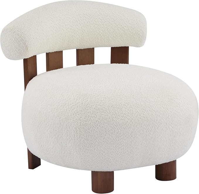 Christopher Knight Home Elvina Boucle Fabric Accent Chair Solid Wood Single Lounge Sofa Bedroom Comfy Reading Chair for Modern Minimalist Style Living Room/Home Office Milky White+Walnut