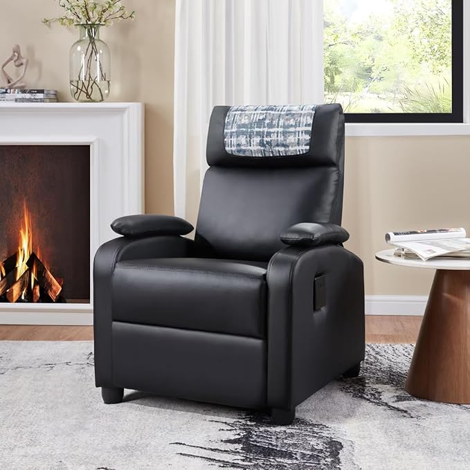 Manual Recliner Chair for Living Room PU Leather Recliner Sofa with Cup Holder &amp Footrest - Ergonomic Design for Adults Seniors Home Theater Relaxation (Black)
