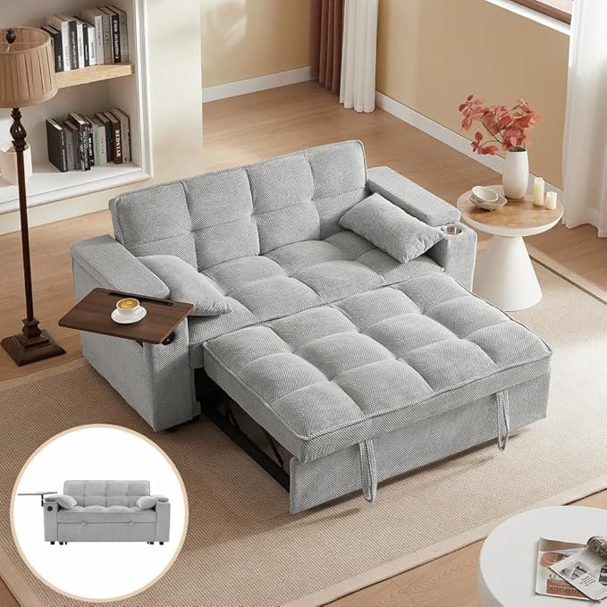 65'' Convertible Sleeper Sofa Bed with Adjustable Backrest Chaise Lounge Side Table &amp USB/Type-C Ports – Stylish &amp Functional Addition to Any Living Room (Fashion Light Grey)