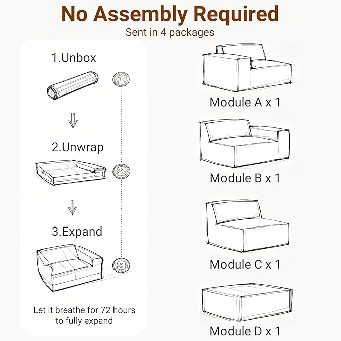 Cloud Modular Sectional Sofa for Living Room L Shaped Sectional Couch with Deep Seat 3-Seater Boneless Couch with Ottoman in Soft Corduroy Fabric Gray