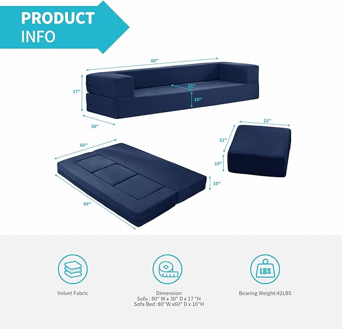 CECER 80 Convertible Floor Sofa BedFolding Sofa Bed with 3 OttomansVelvet Modular Sectional Futon SleeperFoldable Memory Foam Couch for Living Room/Guest Room/Playroom（Blue）