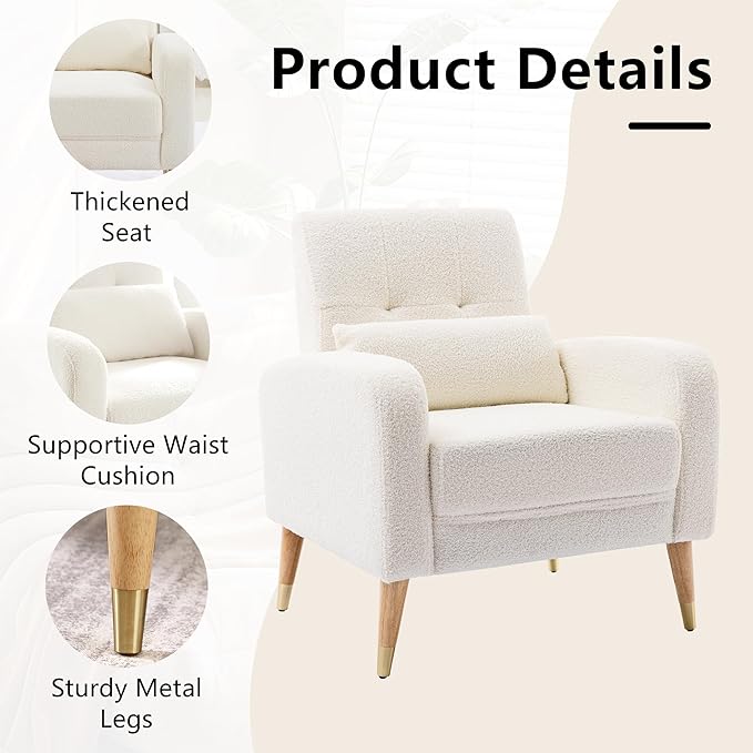 Dolonm Mid-Century Modern Accent Chair Upholstered Armchair Living Room Chair Comfy Single Sofa Chair with Sturdy Legs for Living Room Bedroom White