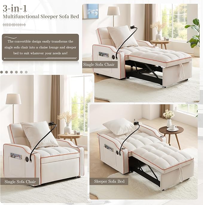 Convertible Sleeper Sofa Chair Bed 3 in 1 Velvet Single Small Futon Sofa Bed with Phone Holder &amp USB PortsPull Out Couch Recliner with Adjustable Backrest for Living Room Office Small Place(Be