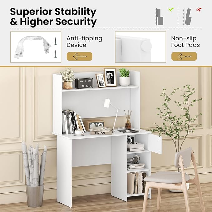 Giantex White Desk with Hutch Small Computer Desk with Bookshelf &amp Adjustable Shelf 2 Cable Holes Modern Laptop PC Computer Workstation Study Writing Desk for Small Spaces Bedroom Home Offic
