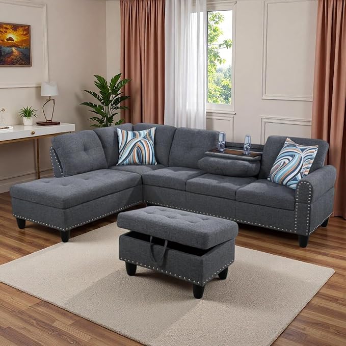L-Shaped Sectional Sofa with Movable Chaise &amp Storage Ottoman Lounge 3-Piece Modular Convertible Couches for Living Room Apartment &amp Office Dark Grey