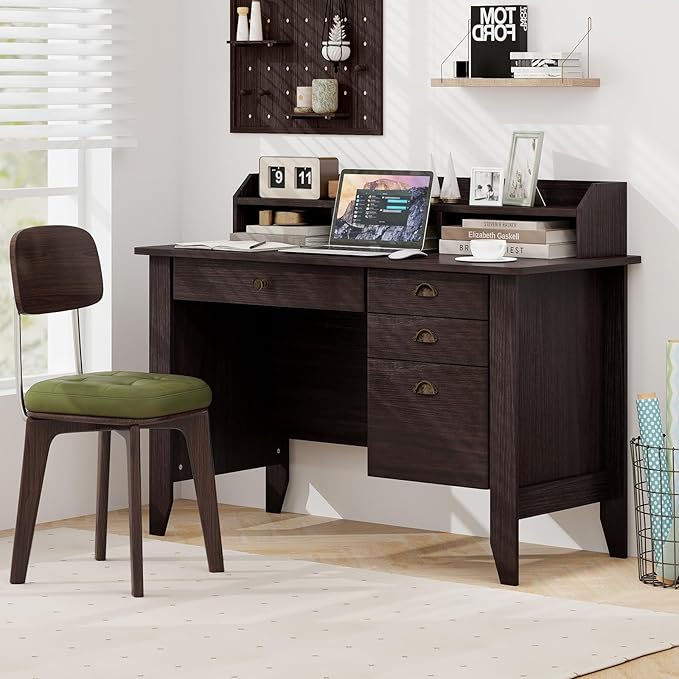 Safeplus 48 Computer Desk with 4 Storage Drawers and Hutch Wood Executive Table for PC Laptop