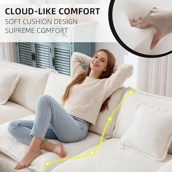 GNIXUU 112 L Shaped Sectional Sofa Cloud Couch for Living Room Oversized Modular Sectional Sofa with Movable Ottoman 4 Seat Chenille Deep Seat Sofa Set with Double Cushion &amp Pillows Beige