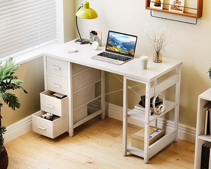 Casaottima 40 Inch Small Computer Desk with 4 Fabric Drawers Modern PC Desk for Small Spaces Home Office Desk with Storage Shelves White