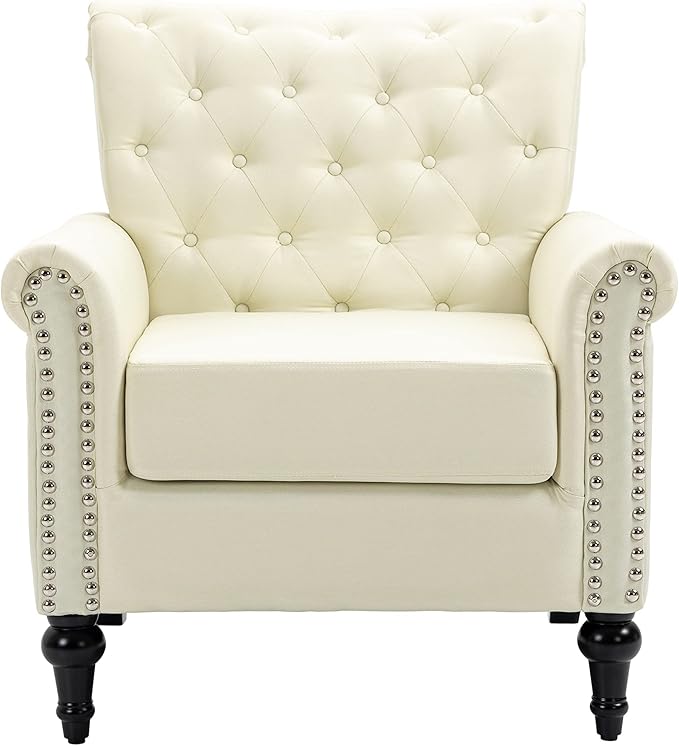 Generic Mid Century Modern Accent Chair Linen Armchair wTufted BackWood Legs Upholstered Lounge Arm Chair Single Sofa for Living Room Bedroom Beige