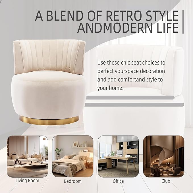 25.2 360 Degree Swivel Barrel SofaRound ArmchairsUpholstered Velvet Sofa ChairComfy Round Accent Sofa Chair for Living RoomBedroomOfficeWaiting RoomsBeige