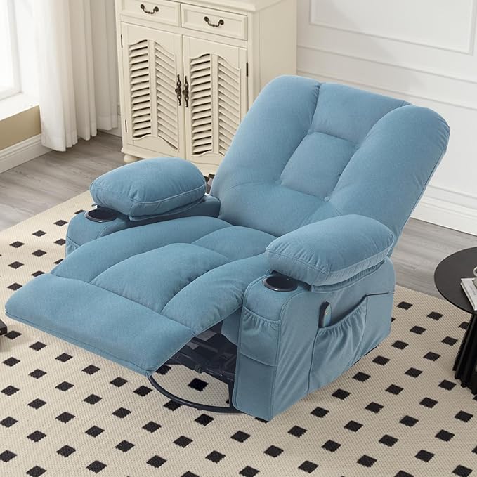 Rocker Recliner Chair with Massage and Heat Fabric Overstuffed Swivel Recliners Glider with Cup Holder Side Pocket Rocking Reclining Sofa Chair for Adults Living Room Blue