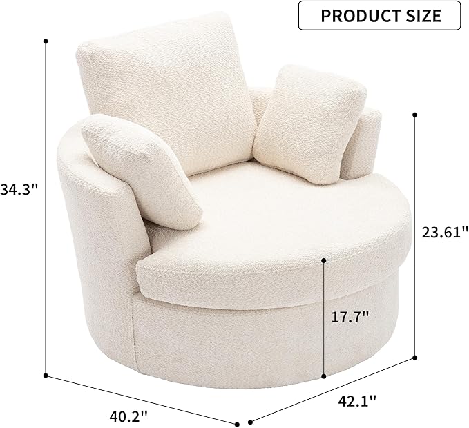 Oversize Round Swivel Chair Cozy Club 360 Degrees Swivel Sofa with 3 Pillows Chenille Fabric for Living Room Lounge Hotel Bedroom 40.2D X 42.1W X 34.3H Inches (Beige)