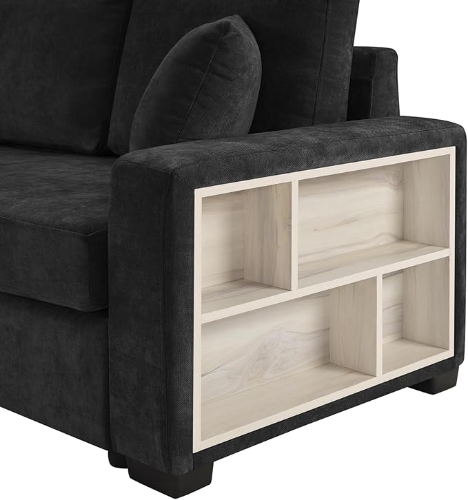 Christopher Knight Home Onvi 63.2'' Lounge Sofa Couch with Storage Armrest and Center Console Chenille Upholstered Home Sofa Living Room 1 Seater Sofa with Removable Plush Pillows Black