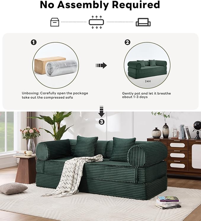 Tbfit 79'' Convertible Sofa Bed Oversized Corduroy Folding Boneless Couch Futon Mattress Sleeper Sofa Comfy Foldable Upholstered Floor Couches for Living Room Dark Green