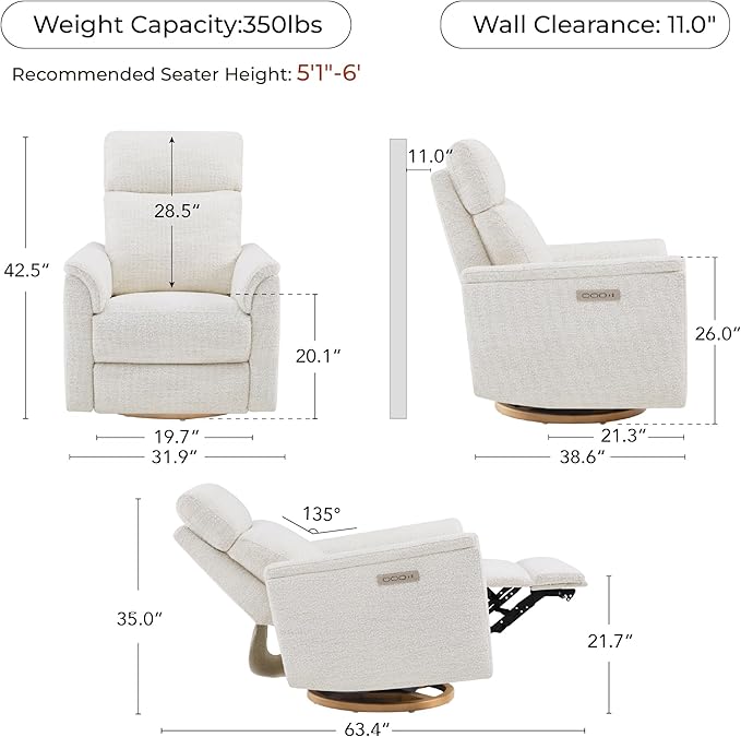 CHITA Power Swivel Glider for Adults with Nightlight Nursery Recliner Chair with Power Headrest for Living Room Bedroom Water-Resistant Boucle Fabric Boucle Fabric in Pearl