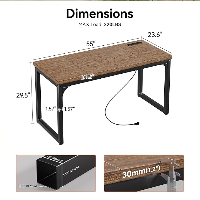 Computer Desk with Power Outlets 55 Inch Large Home Office Desk with Deeper &amp Thicker Desktop Modern Gaming Desk Study Writing Work Desk Metal Frame Rustic Brown