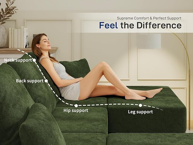 Living&ampGiving 101 U-Shaped Cloud Sectional Couch for Living Room Cloud Boneless Couch-No Assembly with Reversible Chaise Customizable 3-Seat Modular Sectional Sofa with 2 Ottoman Green