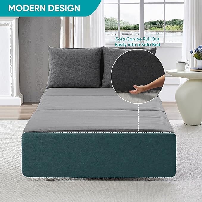 BALUS 43W Twin Pull Out Sofa Bed Sleeper Couch with Pullout Beds 2 in 1 Convertible Linen Sleepers Sofa Single Chair with Pillows and 3.9 Foldable Mattress for Small Space Apartment Loft Dark Grey