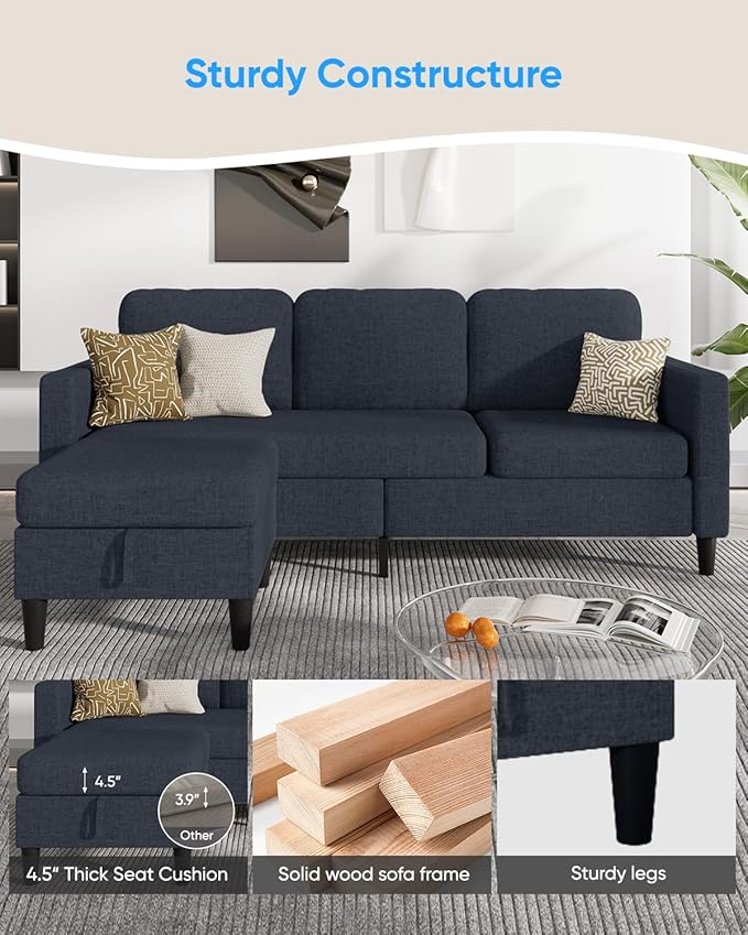76 Inch L Shaped Sectional Sofa Modern 3 Seater Couch with Storage Ottoman Linen Convertible Sectional L Shape Couches for Living Room Apartment and Small Space