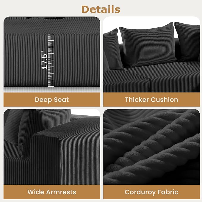 104 Cloud Couch Sectional L Shaped Boneless Couches for Living Room Corduroy Modern Modular Sectional Sofa No Assembly Required (Black L-Shaped)