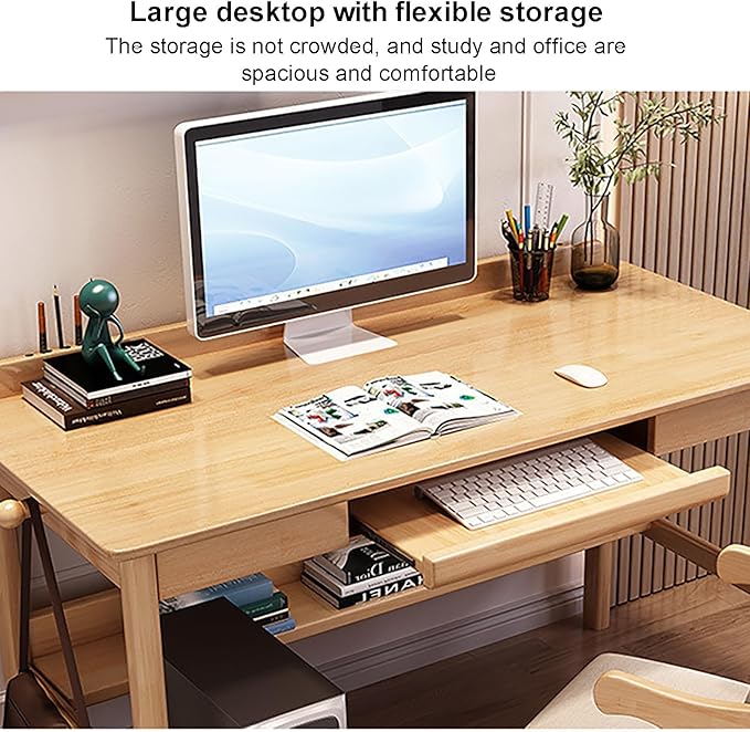 Solid Wood Office Desk with Keyboard Tray Writing Desk with Drawers and BookshelfModern Home Office Desk Study Writing PC Table Workstation for Small Spaces(90x60x75cm(35x24x30inch) Walnut)