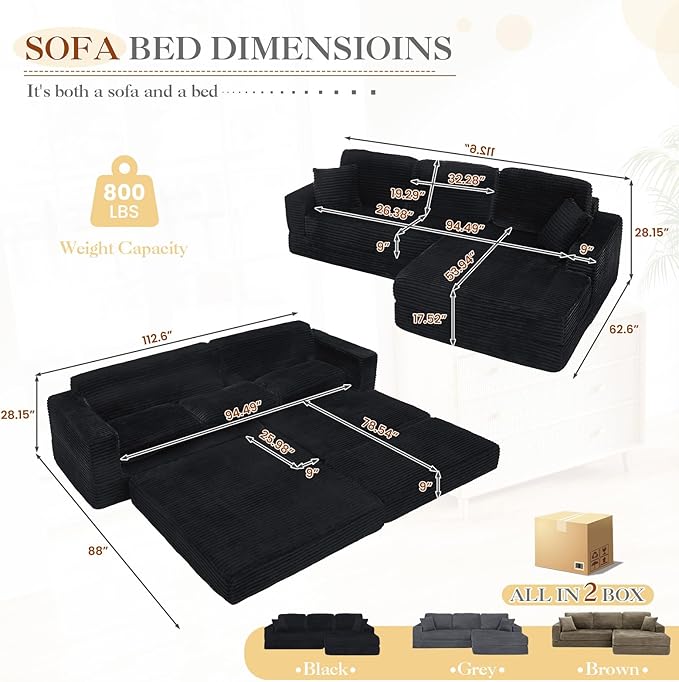 112.6 Oversized Fold Out Couch Bed King 3 in 1 Convertible Modern L Shape Cloud Modular Sectional Comfy Boneless Foam Couch Futon for Living Room No Assembly(Black CorduroyRight Facing Chaise)