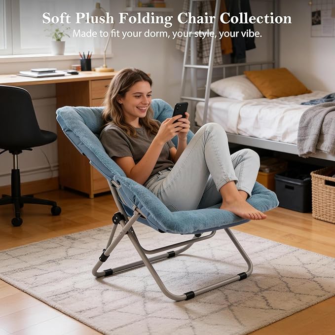 Saucer Chair Comfy Bedroom Chairs Oversized Folding Faux Fur Chair Foldable Metal Frame Chair for Bedroom Living Room Balcony Patio (Blue)