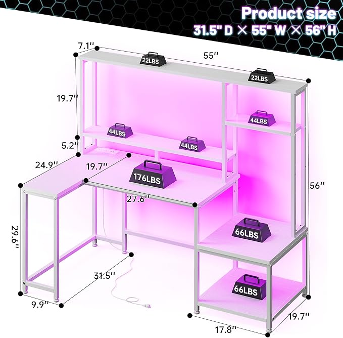 L Shaped Gaming Desk with LED Lights &amp Outlets55 Computer Desk with Shelves &amp Storage HutchReversible Corner Gaming Table with Printer Space &amp Monitor Stand for Game RoomHome OfficeWh