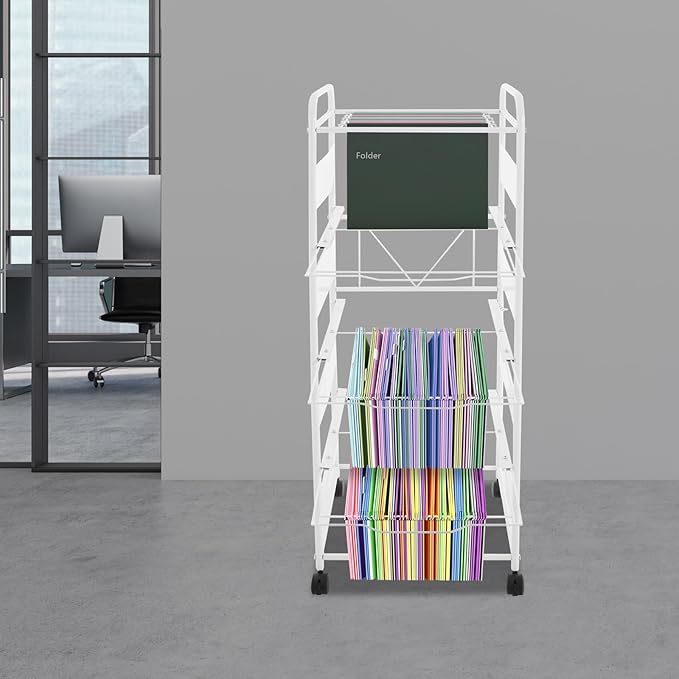 mignonnememe Rolling File Cart 4-Tier Rolling Cart Organizer Hanging Files Stand with Wheels Mobile Filing Cabinet for Office Home School Organization (White)