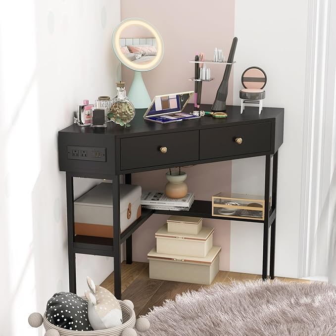 Giantex Corner Desk with Charging Station 90 Degree Triangle Computer Desk with 2 Drawers &amp Storage Shelf L-Shaped Writing Desk Makeup Vanity Table Compact Corner Desk for Small Spaces (Black)