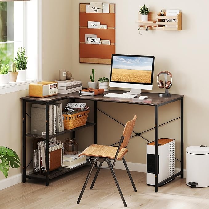 Tangkula L-Shaped Computer Desk with Reversible Shelves 48 Inch Corner Computer Desk Modern Writing Study Desk Home Office Workstation Space Saving Design (48 Inch Gray)