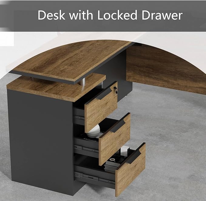 SAINTCY 63 Inch L-Shaped Executive Desk Industrial Modern Wood Office Desk with 3 Drawers Built-in Cable Management &amp Power Outlet Real Wood Finish Reversible Left/Right Return Home Workstatio