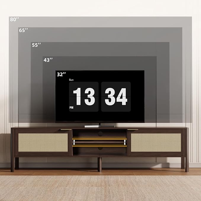 Rattan TV Stand for Living Room - Fits up to 80 Inch TVs Rattan Media Console Table with Adjustable Shelves &amp 2 Storage Cabinets Mid-Century Modern Entertainment Center Walnut 71