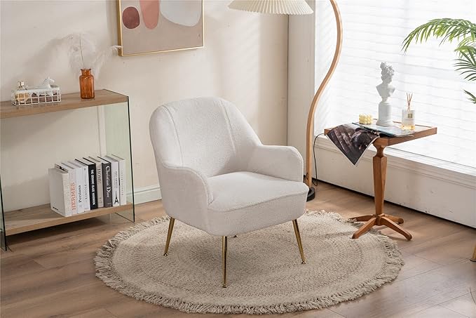 Modern Soft Green Teddy Fabric White Ergonomics Accent Chair Living Room Chair Bedroom Chair Home Chair with Gold Legs and Adjustable Legs Family Room Sofa Armchair Furniture for Indoor Home (White)