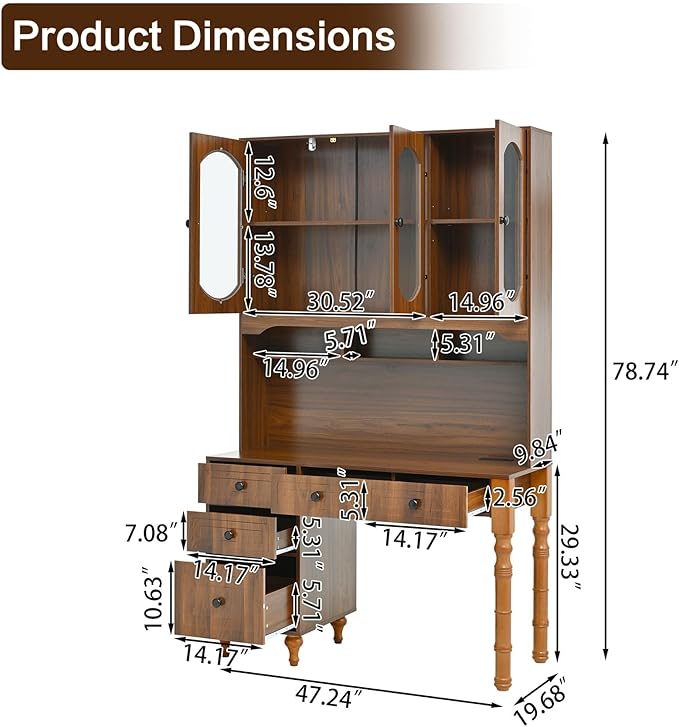 Anwick 47-inch Retro Executive Desk with Charging Ports Hutch Cabinet 5 Storage Drawers &amp Transparent Glass-Door Bookshelf for Home Office Bedroom - Walnut Finish