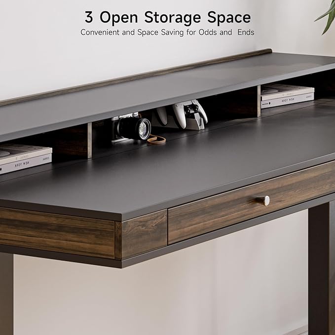 ONBRILL Modern Standing Desk with Storage 63x23.6 Inch Electric Adjustable Height Desk with 2 Drawers 3 Open Storage Zones Black