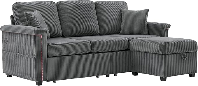 76.8 L-Shaped Sleeper Sofa with Storage Ottoman USB Ports Cup Holders&ampLED Lights Side Pockets Comfy Corduroy Modern 3-Seater Small Couch Bed for Living Room with 2 Throw Pillows (Dark Grey)