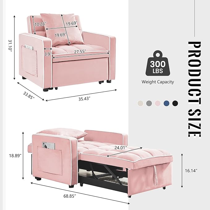 3 in 1 Velvet Sleeper Chair with Pull Out Bed Convertible Single Sofa Bed Futon Modern Tufted Chair with Adjustable Backrest Pullout Sleeper Sofa Chair for Bedroom Living Room Lounge (Pink)