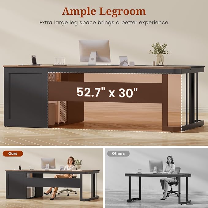 70.9 Executive Desk with Power Outlet Large Office Desk with Drawers &amp Lateral File Cabinet Long Computer Desk with Adjustable Storage Shelves Modern Workstation Business Furniture (Walnut)