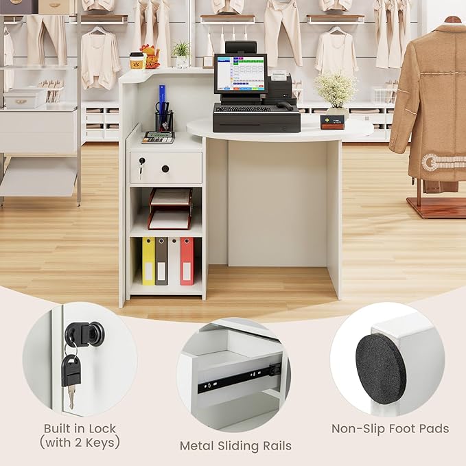 Reception Desk Small Retail Checkout Counter with Lockable Drawer and Open Shelves Wooden Front Desk Reception Counter Oval Desktop &amp L Counter for Store Office Lobby Salon (White)