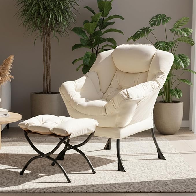 Tiita Lazy Chair with Ottoman Beige Modern Large Accent Chair Comfy Leisure Sofa Armchair with Ottoman Reading Chair with Footrest for Bedroom Living Room Dorm Rooms Velvet Beige