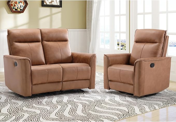 EBELLO Faux Leather Manual Recliner Sofa Set 1 Seat Recliner Chair and a Loveseat Reclining Couch Furniture Set for Living Room Brown