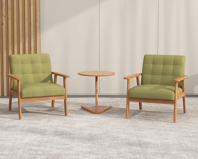 Modern Accent Chair with Wooden Table Upholstered Linen Fabric Leisure Side Chair with Arm Rest and Wooden Frame for Living Room Bedroom Reading (Green)