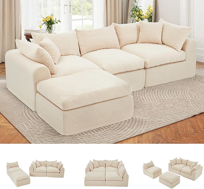 AVAWING 113 Modular Sectional Sofa Modern L Shaped Cloud Couch with Deep Seat &amp Ottoman Soft Boneless Sofa with Chaise for Living Room &amp Bedroom No Assembly Needed (Beige)